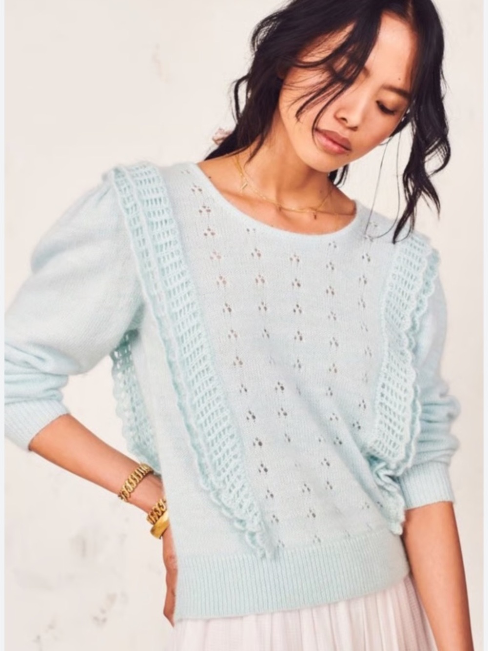 LoveShackFancy Powder Blue Ruffle-Trim Knit Sweater - Picture 2 of 6